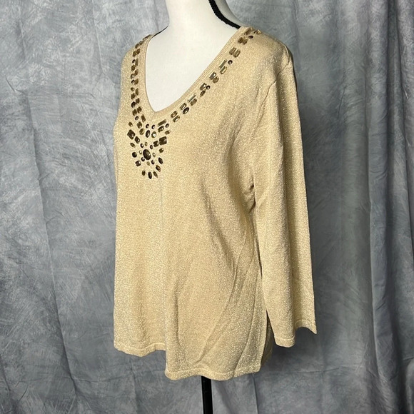 JM Collection Gold 3/4 Sleeve Beaded V-neck Sweater - size Large - Picture 4 of 10